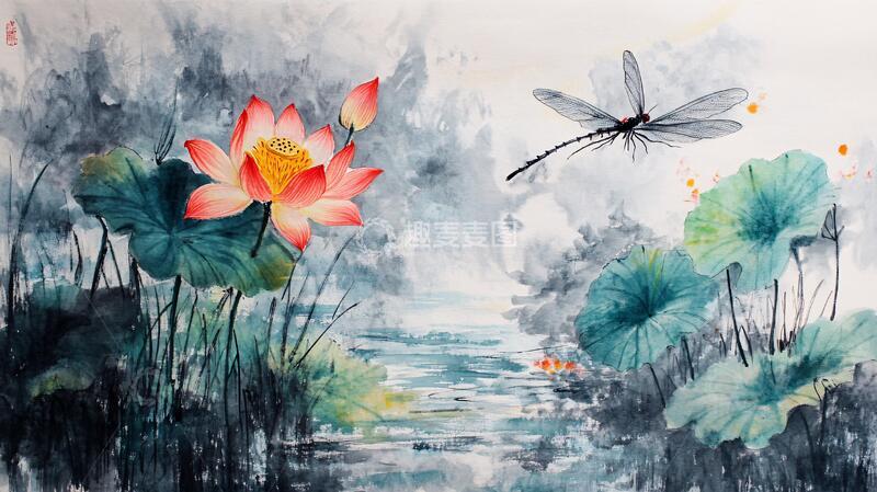 高清大图下载【趣麦麦图】蜻蜓荷花图荷花意境蜻蜓