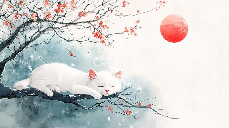 高清大图下载【趣麦麦图】春天猫咪樱花插画壁纸