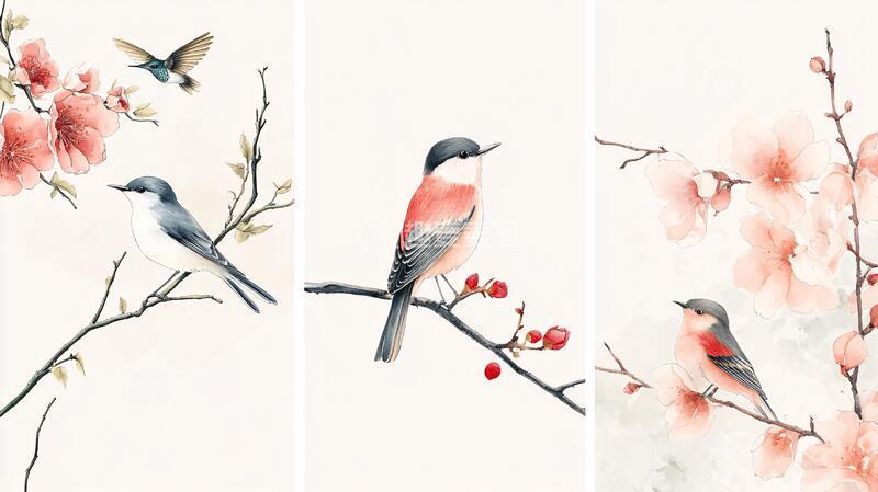 高清大图下载【趣麦麦图】新中式水彩花鸟