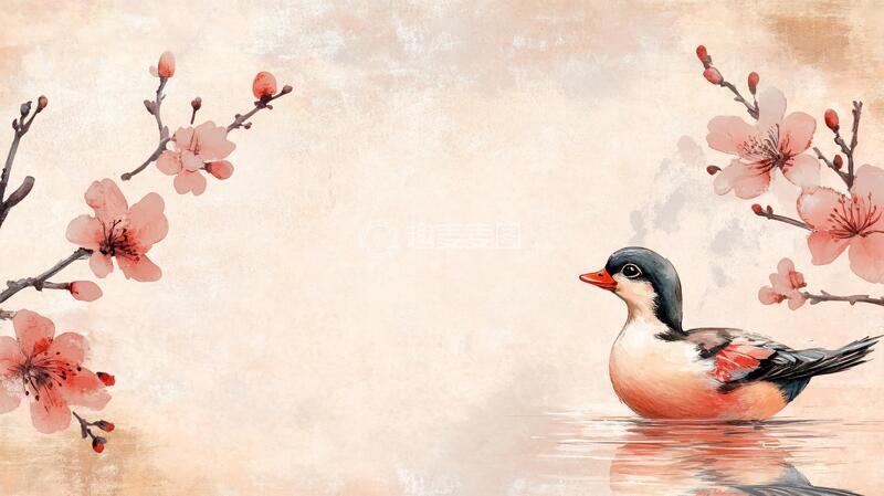 高清大图下载【趣麦麦图】新中式水墨桃花花鸟