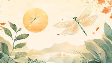 意境蜻蜓枝头背景插画
