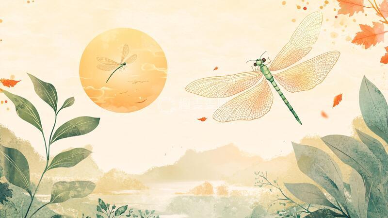 高清大图下载【趣麦麦图】意境蜻蜓枝头背景插画