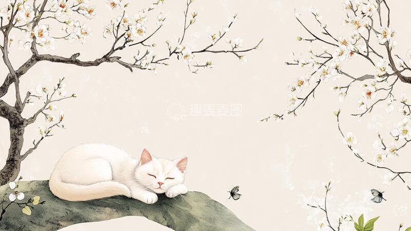 高清大图下载【趣麦麦图】春天猫咪樱花插画壁纸1