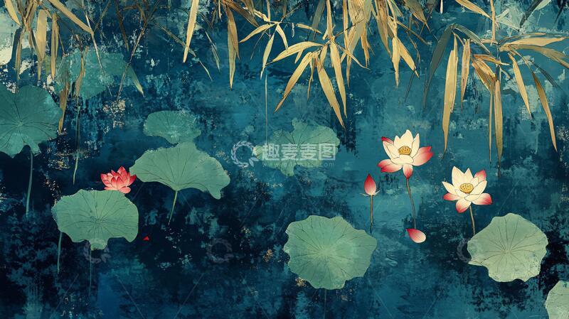 高清大图下载【趣麦麦图】蓝色荷花壁画3