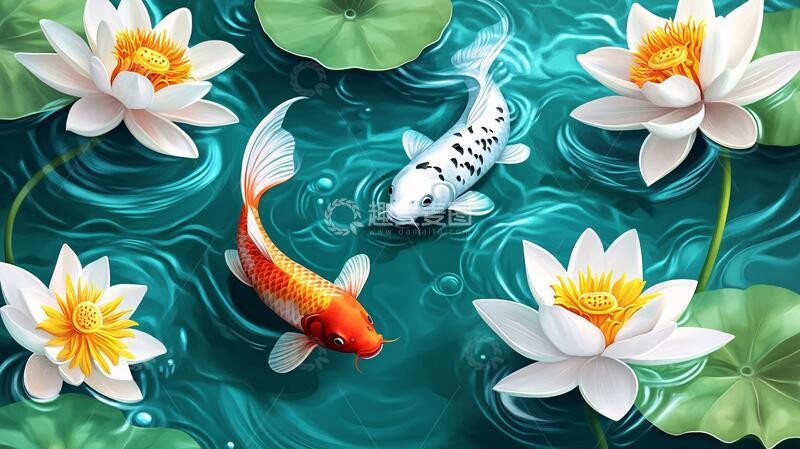 高清大图下载【趣麦麦图】荷花锦鲤插画24