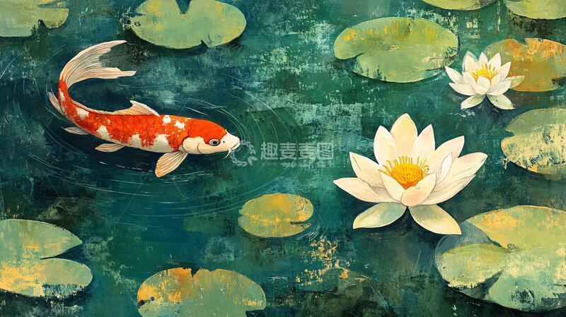 高清大图下载【趣麦麦图】荷花锦鲤插画25