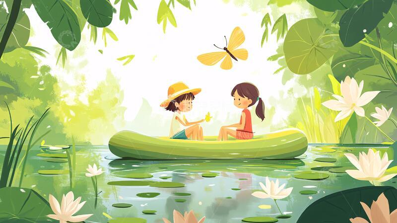 高清大图下载【趣麦麦图】夏天荷花荷叶儿童插画