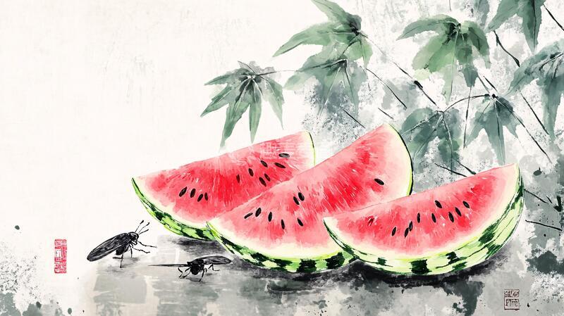 高清大图下载【趣麦麦图】大暑西瓜插画大暑水果