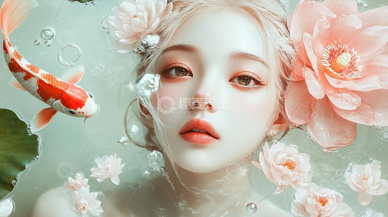 高清大图下载【趣麦麦图】鱼与少女插画少女美容