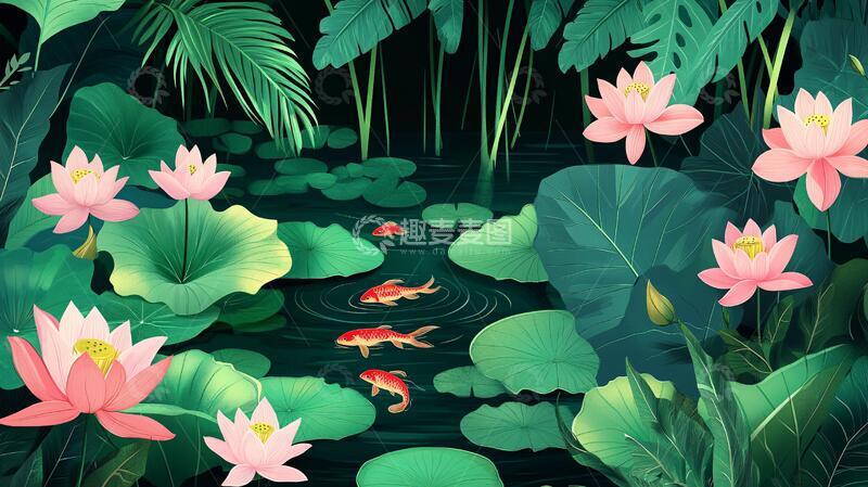 高清大图下载【趣麦麦图】荷花池插画插画荷花手绘1