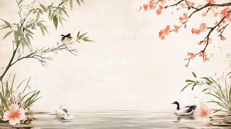 高清大图下载【趣麦麦图】花鸟古风手绘背景墙