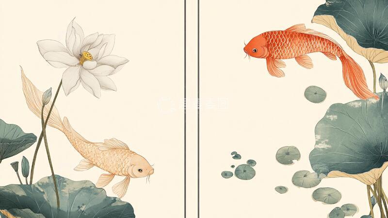 高清大图下载【趣麦麦图】鲤鱼荷花插画1