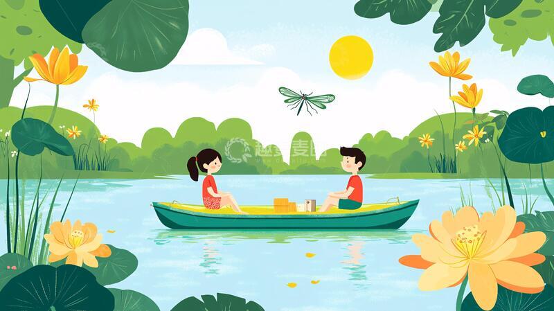高清大图下载【趣麦麦图】-荷塘夏天插画2