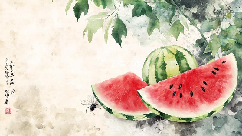 高清大图下载【趣麦麦图】水彩西瓜风大暑水墨素材