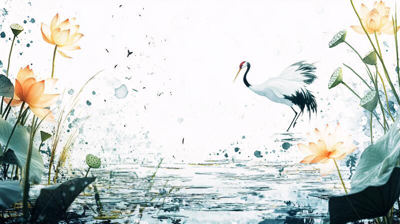 高清大图下载【趣麦麦图】水墨荷花仙鹤
