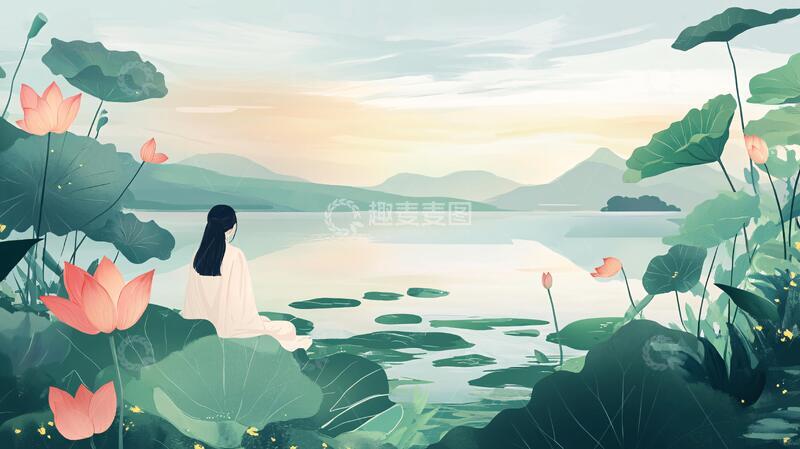高清大图下载【趣麦麦图】湖畔插画插画荷花姑娘