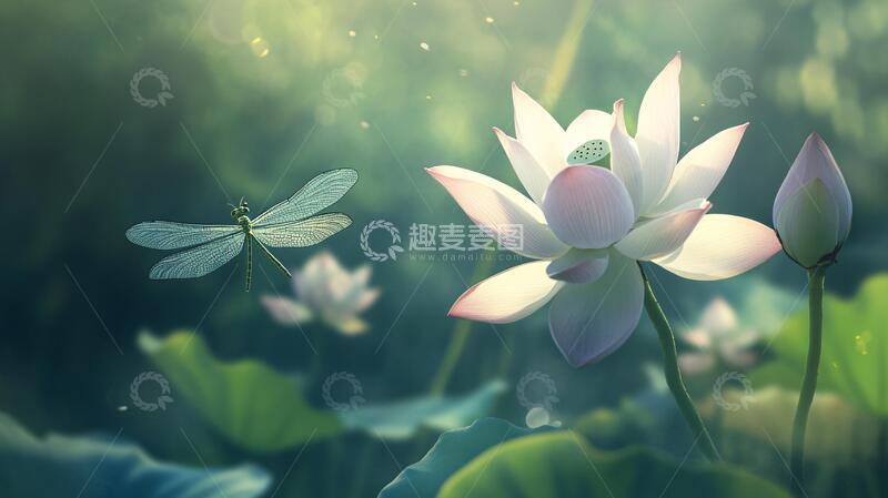 高清大图下载【趣麦麦图】落有蜻蜓的荷花