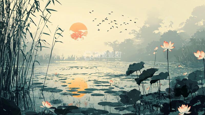 高清大图下载【趣麦麦图】荷塘插画插画荷塘意境