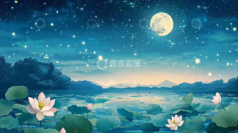 高清大图下载【趣麦麦图】月色荷花背景墙4