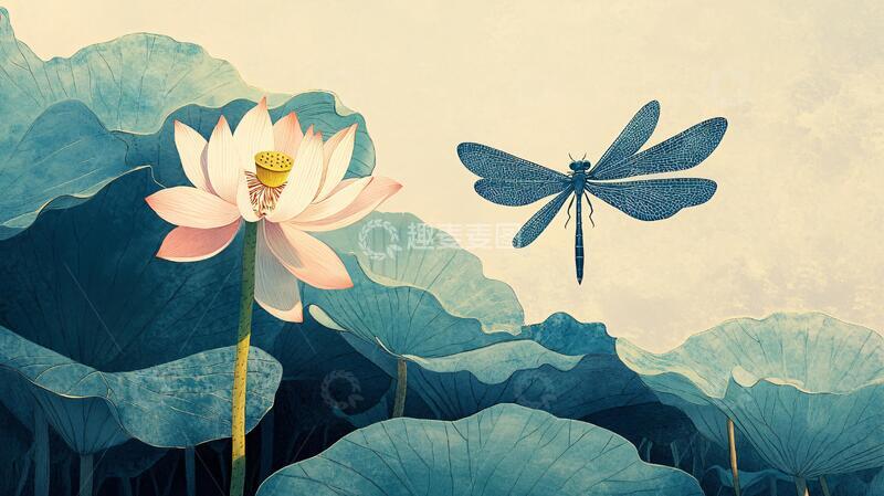 高清大图下载【趣麦麦图】蜻蜓荷花插画4