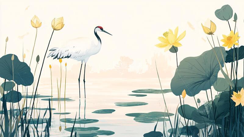 高清大图下载【趣麦麦图】扁平风白鹭插画仙鹤扁平
