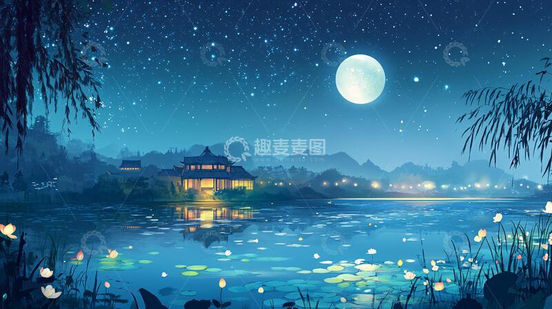 高清大图下载【趣麦麦图】虎溪夜月景点插画4