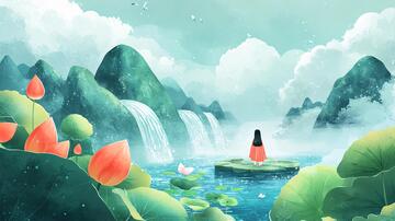 采莲插画插画节气瀑布