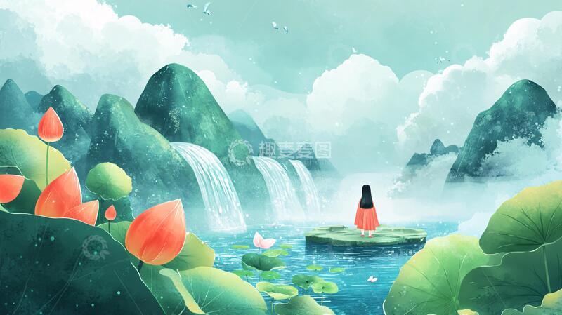 高清大图下载【趣麦麦图】采莲插画插画节气瀑布