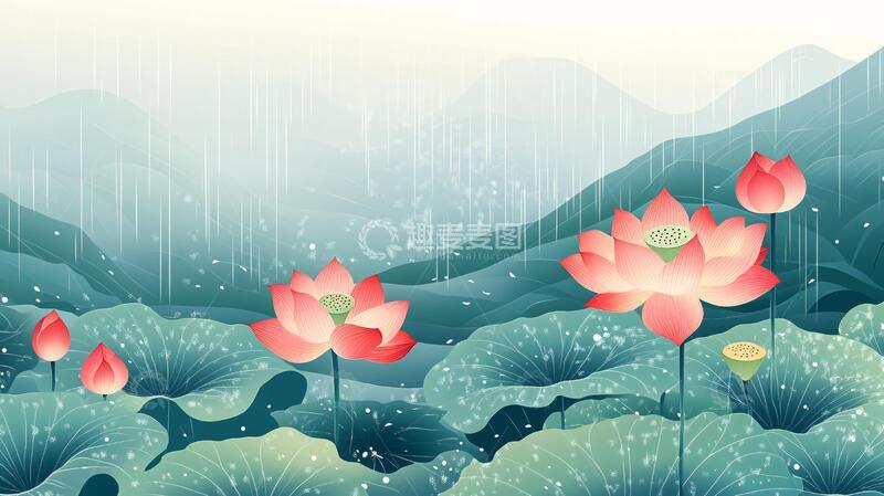 荷花池插画插画荷花雨水