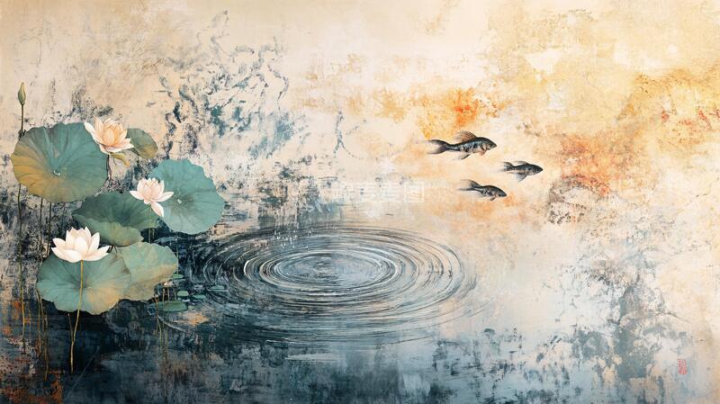 高清大图下载【趣麦麦图】复古壁画水墨荷花4