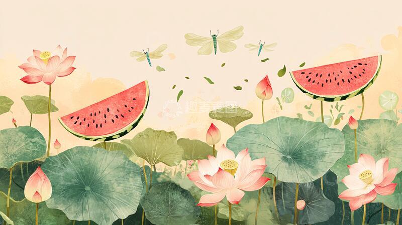 高清大图下载【趣麦麦图】夏天荷塘插画6