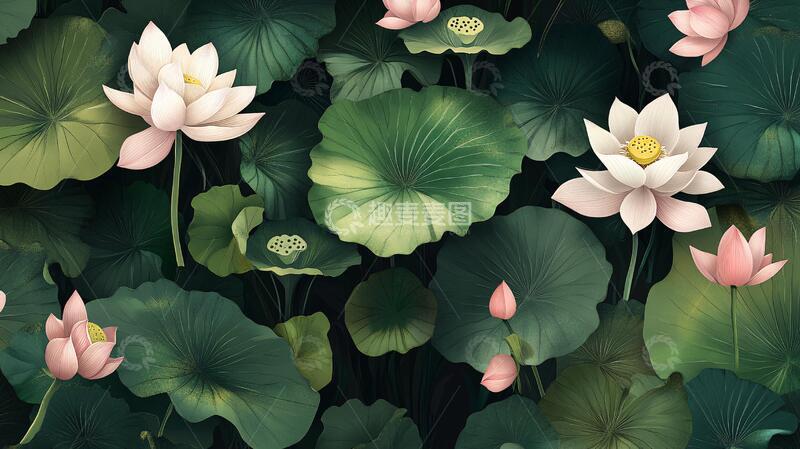高清大图下载【趣麦麦图】荷花背景荷花插画手绘