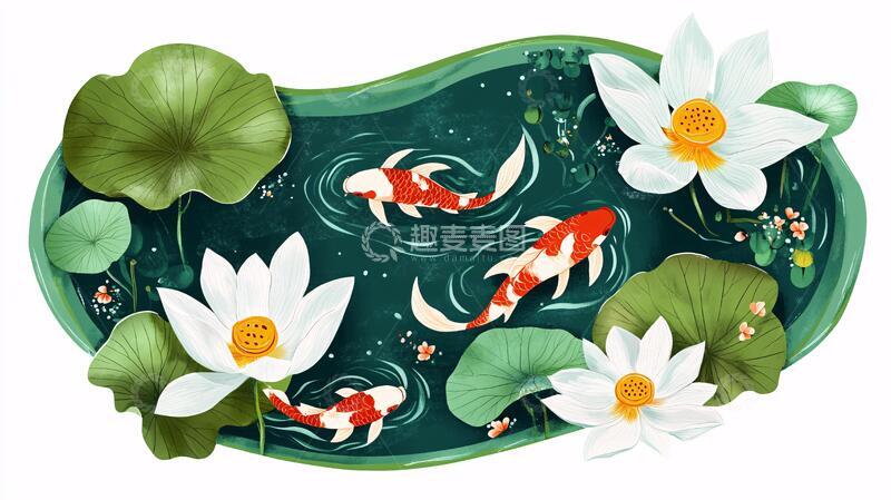 高清大图下载【趣麦麦图】荷花锦鲤插画15