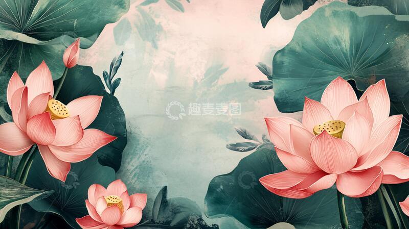 高清大图下载【趣麦麦图】荷花背景荷花中式壁画