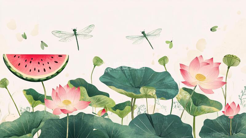 高清大图下载【趣麦麦图】夏天荷塘插画9