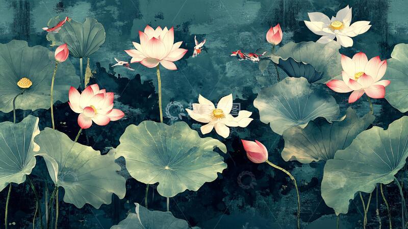 高清大图下载【趣麦麦图】荷花手绘壁画