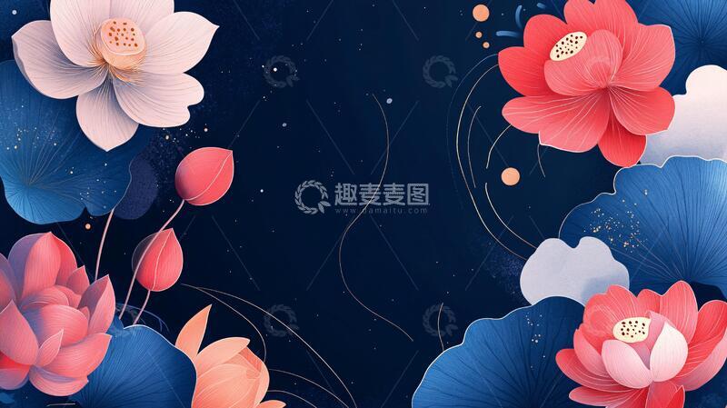 高清大图下载【趣麦麦图】深蓝背景荷花图4
