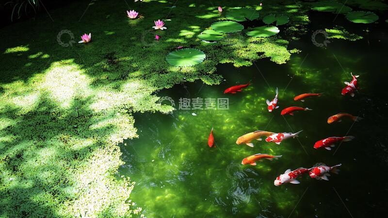 高清大图下载【趣麦麦图】荷塘与金鱼荷塘金鱼荷花