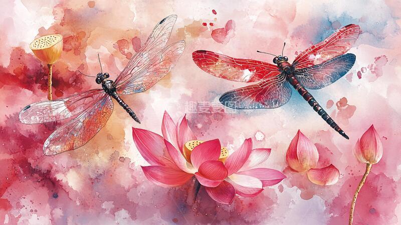高清大图下载【趣麦麦图】水彩莲花蜻蜓
