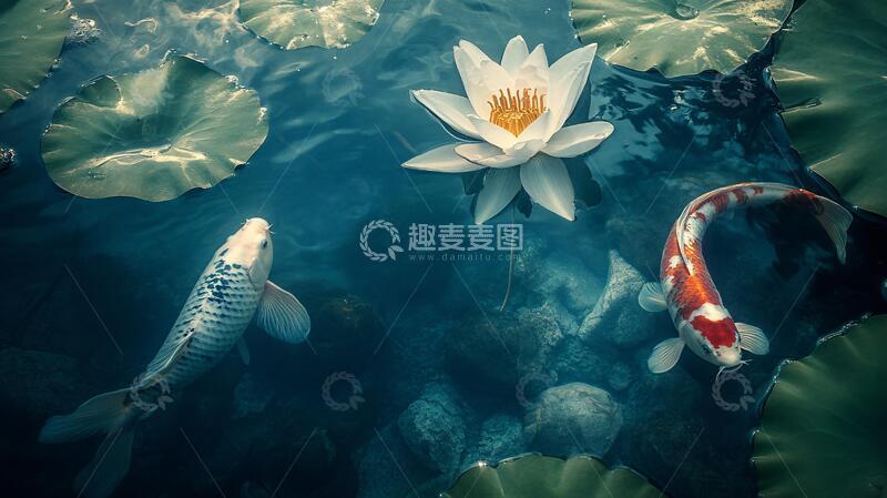 高清大图下载【趣麦麦图】鱼戏莲间锦鲤荷花荷塘