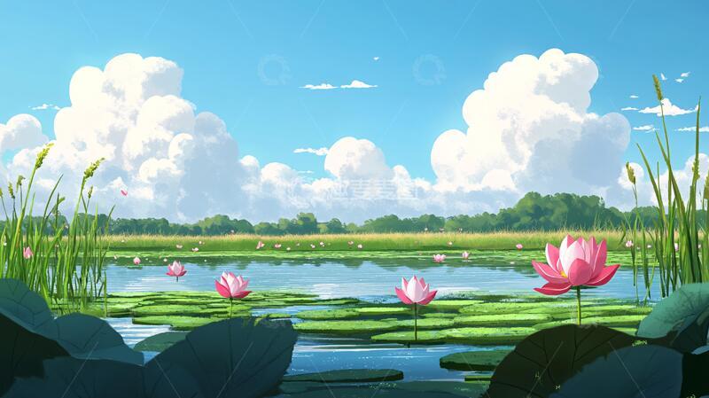 高清大图下载【趣麦麦图】荷花大场景荷花插画美景1