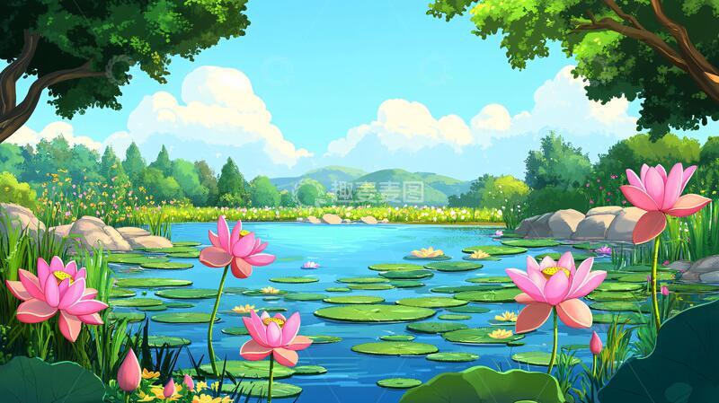 高清大图下载【趣麦麦图】荷花池插画插画荷塘荷花