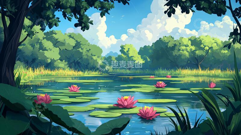 高清大图下载【趣麦麦图】池塘插画插画森林风景