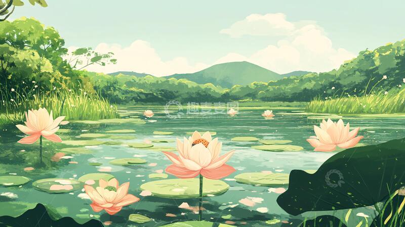 高清大图下载【趣麦麦图】荷花池插画插画荷塘荷花1
