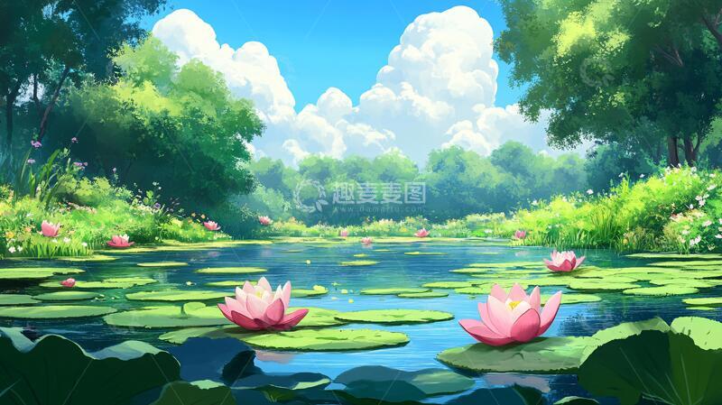 高清大图下载【趣麦麦图】荷花大场景荷花插画意境1