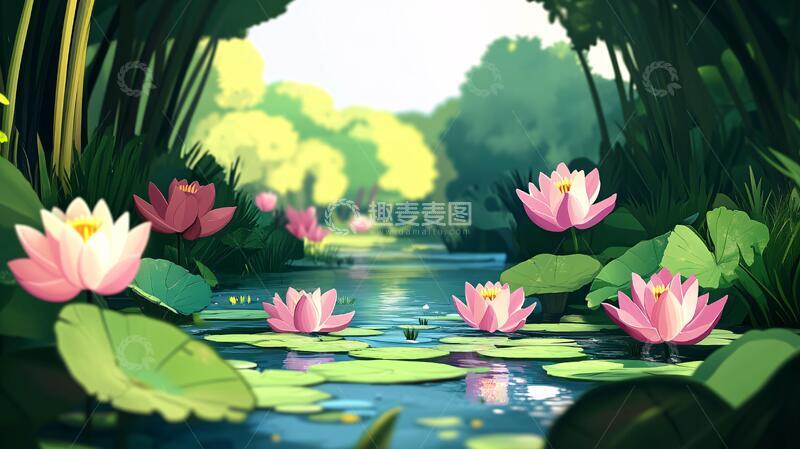 高清大图下载【趣麦麦图】荷花池插画插画荷花睡莲1