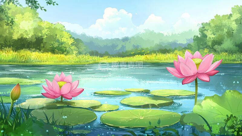 高清大图下载【趣麦麦图】荷花池插画插画荷花手绘