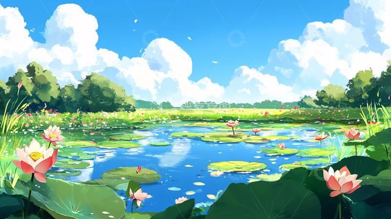 高清大图下载【趣麦麦图】荷塘插画荷花插画美景