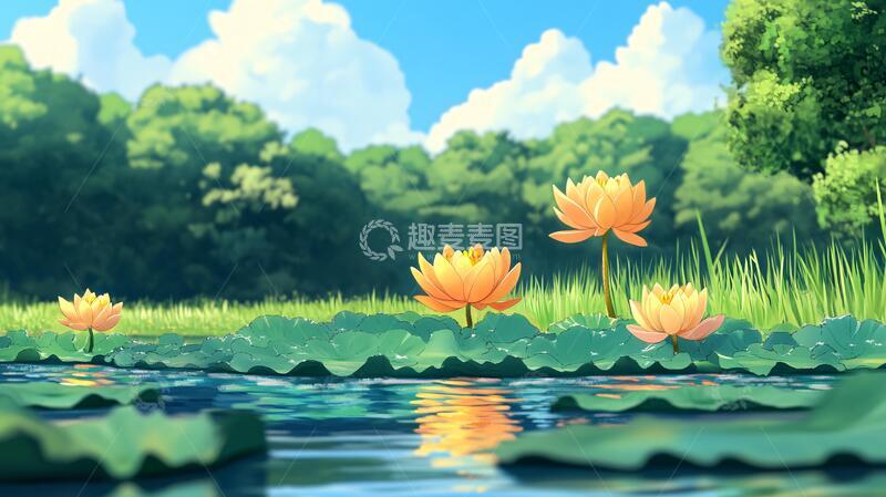 高清大图下载【趣麦麦图】荷花池插画荷花插画背景
