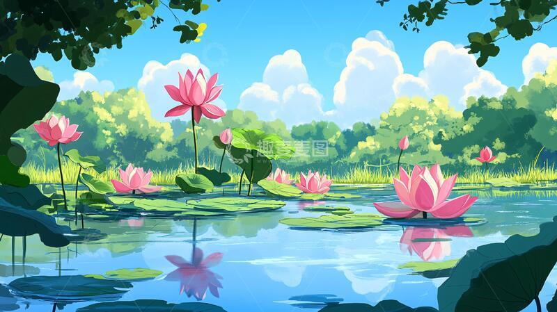 荷花池插画荷塘插画荷花